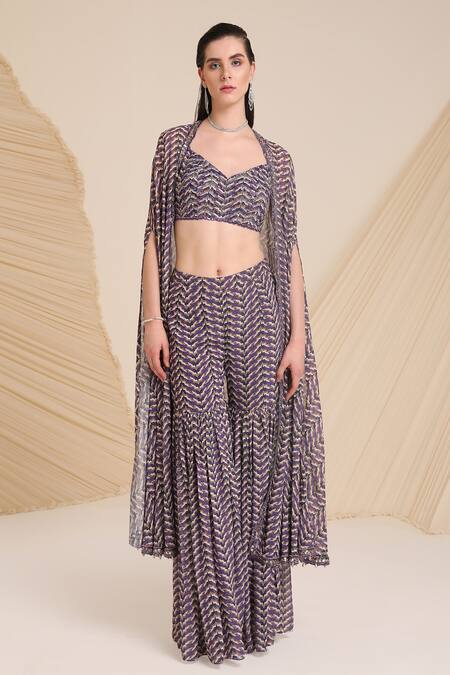 Shop_Divya Aggarwal_Purple Georgette Printed Bustier Sweetheart Neck Aubree Cape Sharara Set _Online_at_Aza_Fashions