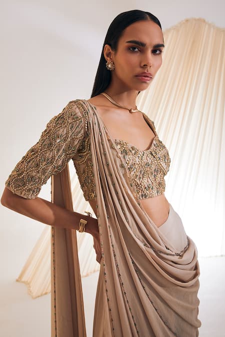 Shop Divya Aggarwal Beige Silk, Chiffon Crystals, Gota Patti, Taylen Pre-draped Saree With Blouse Online at Aza Fashions Shop_Divya Aggarwal_Beige Silk, Chiffon Crystals, Gota Patti, Taylen Pre-draped Saree With Blouse _Online_at_Aza_Fashions