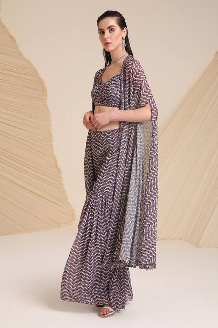 Divya Aggarwal_Purple Georgette Printed Bustier Sweetheart Neck Aubree Cape Sharara Set _at_Aza_Fashions