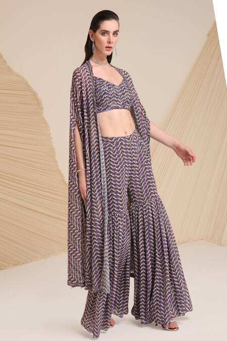 Shop_Divya Aggarwal_Purple Georgette Printed Bustier Sweetheart Neck Aubree Cape Sharara Set 