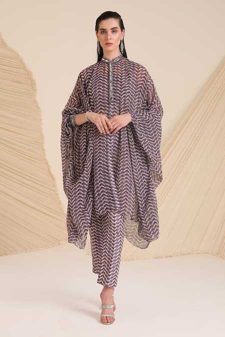 Divya Aggarwal_Purple Chiffon, Denim Embroidery, Mirrors Riley Printed Kaftan And Pant Set _Online_at_Aza_Fashions