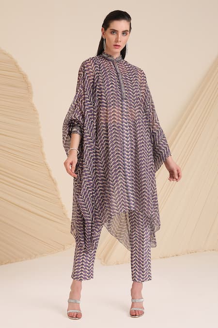 Buy_Divya Aggarwal_Purple Chiffon, Denim Embroidery, Mirrors Riley Printed Kaftan And Pant Set _Online_at_Aza_Fashions