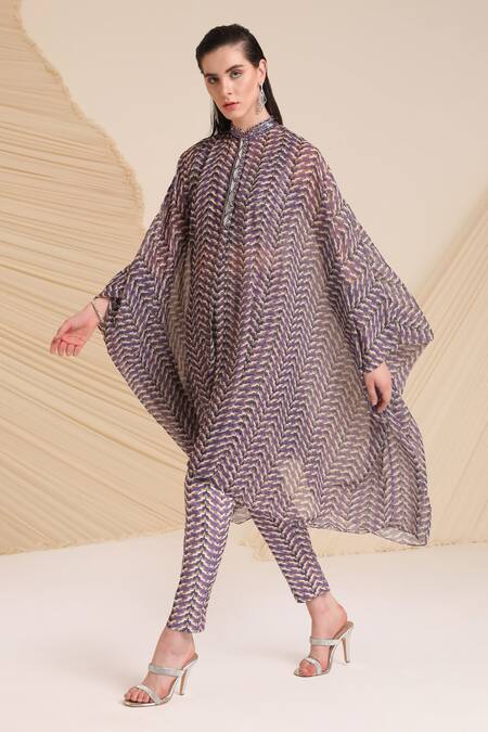 Shop_Divya Aggarwal_Purple Chiffon, Denim Embroidery, Mirrors Riley Printed Kaftan And Pant Set _Online_at_Aza_Fashions