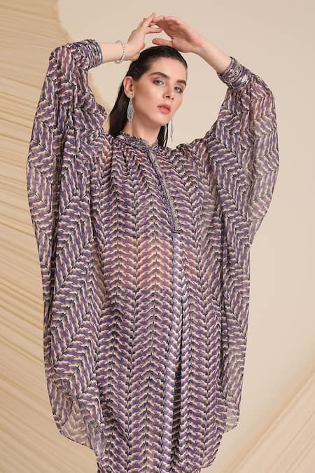 Divya Aggarwal_Purple Chiffon, Denim Embroidery, Mirrors Riley Printed Kaftan And Pant Set _at_Aza_Fashions