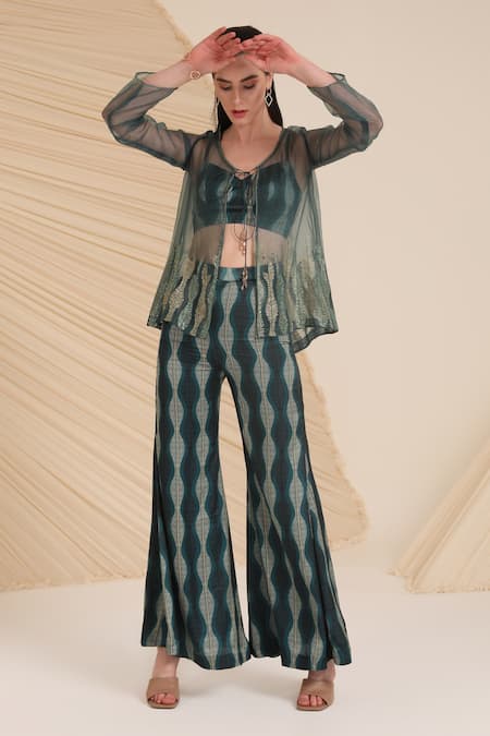Divya Aggarwal_Green Satin, Organza Embroidery Olivia Jacket And Leaf Printed Pant Set _Online_at_Aza_Fashions