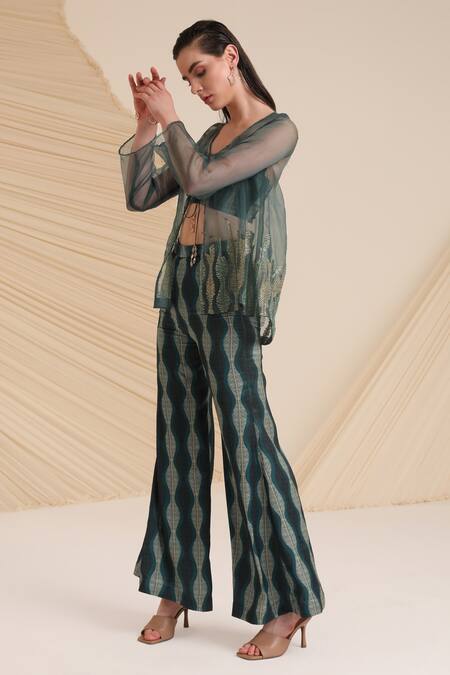 Buy_Divya Aggarwal_Green Satin, Organza Embroidery Olivia Jacket And Leaf Printed Pant Set _Online_at_Aza_Fashions