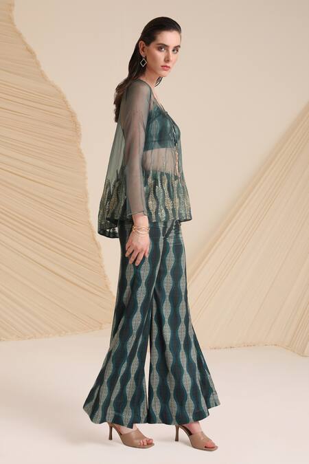 Shop_Divya Aggarwal_Green Satin, Organza Embroidery Olivia Jacket And Leaf Printed Pant Set _Online_at_Aza_Fashions