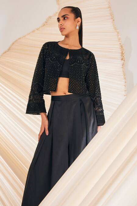 Divya Aggarwal Black Jacket Organza Hand Embroidery Sequin Elowen Trellis Palazzo Set Online at Aza Fashions Divya Aggarwal_Black Jacket Organza Hand Embroidery Sequin Elowen Trellis Palazzo Set _Online_at_Aza_Fashions