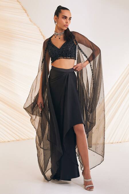 Divya Aggarwal Black Satin Crystals, Cut Work, Sequins Viven Hand Embroidered Cape Skirt Set Online at Aza Fashions Divya Aggarwal_Black Satin Crystals, Cut Work, Sequins Viven Hand Embroidered Cape Skirt Set _Online_at_Aza_Fashions
