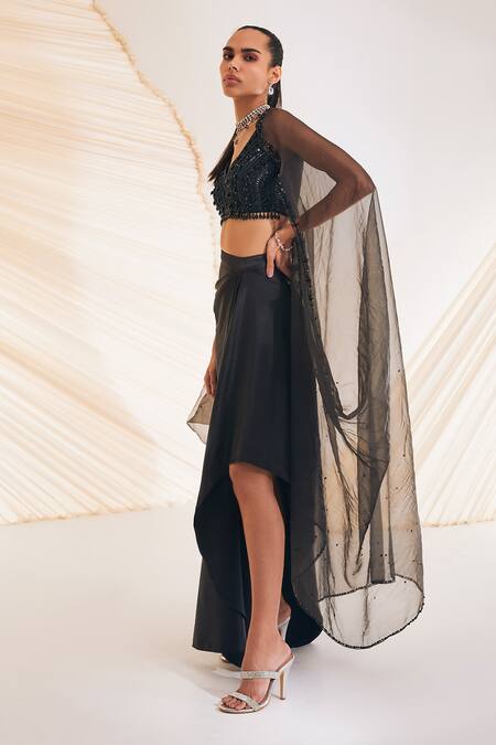 Buy Divya Aggarwal Black Satin Crystals, Cut Work, Sequins Viven Hand Embroidered Cape Skirt Set Online at Aza Fashions Buy_Divya Aggarwal_Black Satin Crystals, Cut Work, Sequins Viven Hand Embroidered Cape Skirt Set _Online_at_Aza_Fashions