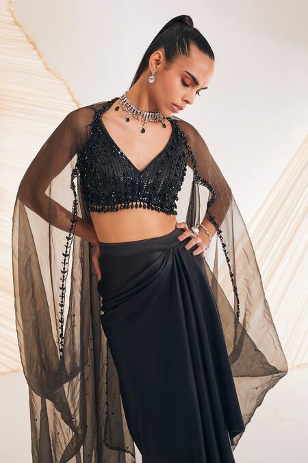 Shop Divya Aggarwal Black Satin Crystals, Cut Work, Sequins Viven Hand Embroidered Cape Skirt Set Online at Aza Fashions Shop_Divya Aggarwal_Black Satin Crystals, Cut Work, Sequins Viven Hand Embroidered Cape Skirt Set _Online_at_Aza_Fashions