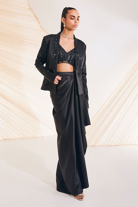 Buy Divya Aggarwal Black , Silk Sequins, Debro Hand Embroidered Blazer Skirt Set Online at Aza Fashions Buy_Divya Aggarwal_Black , Silk Sequins, Debro Hand Embroidered Blazer Skirt Set _Online_at_Aza_Fashions