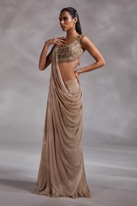 Buy Divya Aggarwal Beige Silk Chiffon Tassel Deep Taylen Pre-draped Saree With Embellished Blouse Online at Aza Fashions Buy_Divya Aggarwal_Beige Silk Chiffon Tassel Deep Taylen Pre-draped Saree With Embellished Blouse _Online_at_Aza_Fashions