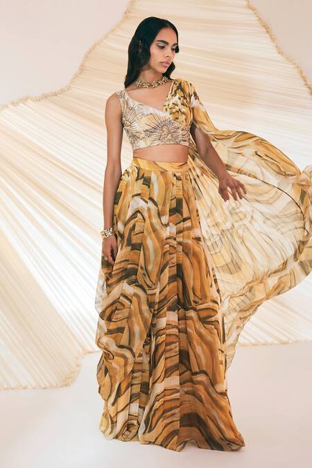 Divya Aggarwal Yellow Chiffon Pearls, Mirrors V-neck Verity Embroidered Blouse With Skirt Online at Aza Fashions Divya Aggarwal_Yellow Chiffon Pearls, Mirrors V-neck Verity Embroidered Blouse With Skirt _Online_at_Aza_Fashions