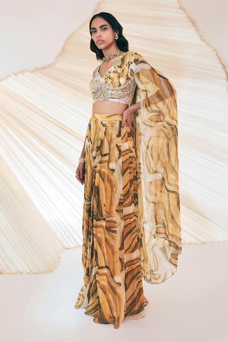 Buy Divya Aggarwal Yellow Chiffon Pearls, Mirrors V-neck Verity Embroidered Blouse With Skirt Online at Aza Fashions Buy_Divya Aggarwal_Yellow Chiffon Pearls, Mirrors V-neck Verity Embroidered Blouse With Skirt _Online_at_Aza_Fashions