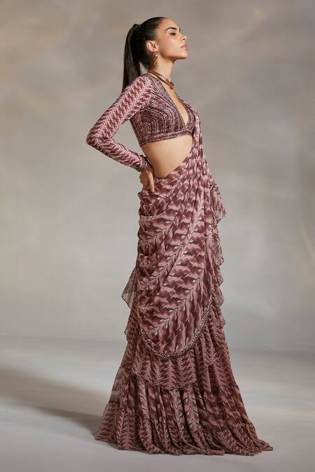 Shop_Divya Aggarwal_Pink Blouse Georgette Saree Chiffon Beads Rosario Pre-draped With _Online_at_Aza_Fashions