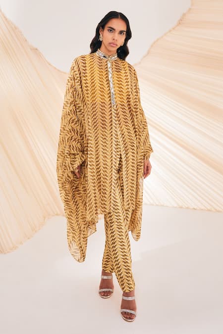 Divya Aggarwal Yellow Silk, Chiffon Mirrors Collared Riley Swirl Print Kaftan Pant Set Online at Aza Fashions Divya Aggarwal_Yellow Silk, Chiffon Mirrors Collared Riley Swirl Print Kaftan Pant Set _Online_at_Aza_Fashions