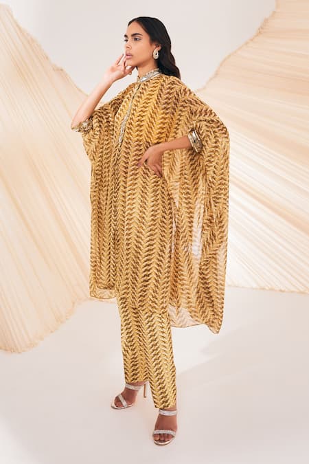 Buy Divya Aggarwal Yellow Silk, Chiffon Mirrors Collared Riley Swirl Print Kaftan Pant Set Online at Aza Fashions Buy_Divya Aggarwal_Yellow Silk, Chiffon Mirrors Collared Riley Swirl Print Kaftan Pant Set _Online_at_Aza_Fashions