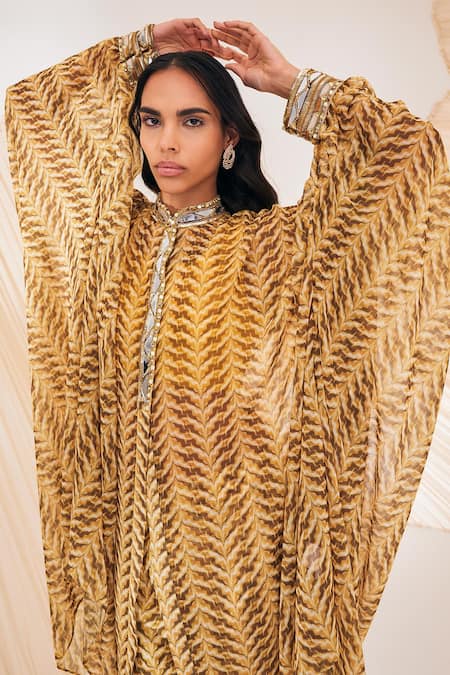 Shop Divya Aggarwal Yellow Silk, Chiffon Mirrors Collared Riley Swirl Print Kaftan Pant Set Online at Aza Fashions Shop_Divya Aggarwal_Yellow Silk, Chiffon Mirrors Collared Riley Swirl Print Kaftan Pant Set _Online_at_Aza_Fashions