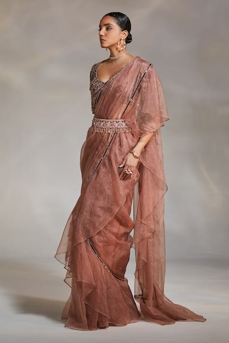 Buy_Divya Aggarwal_Pink Blouse And Belt Heavy Satin Saree Organza Willow Pre-draped Ruffle With_Online_at_Aza_Fashions