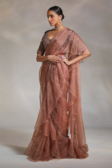 Divya Aggarwal_Pink Blouse And Belt Heavy Satin Saree Organza Willow Pre-draped Ruffle With_at_Aza_Fashions