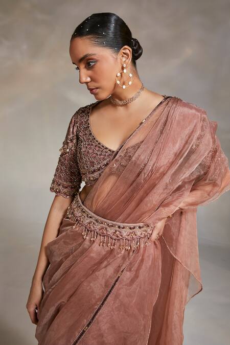Buy_Divya Aggarwal_Pink Blouse And Belt Heavy Satin Saree Organza Willow Pre-draped Ruffle With