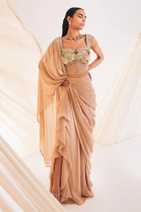 Buy Divya Aggarwal Beige Georgette, Satin, Tulle Hertha Pre-draped Saree With Corset Blouse Online at Aza Fashions Buy_Divya Aggarwal_Beige Georgette, Satin, Tulle Hertha Pre-draped Saree With Corset Blouse _Online_at_Aza_Fashions