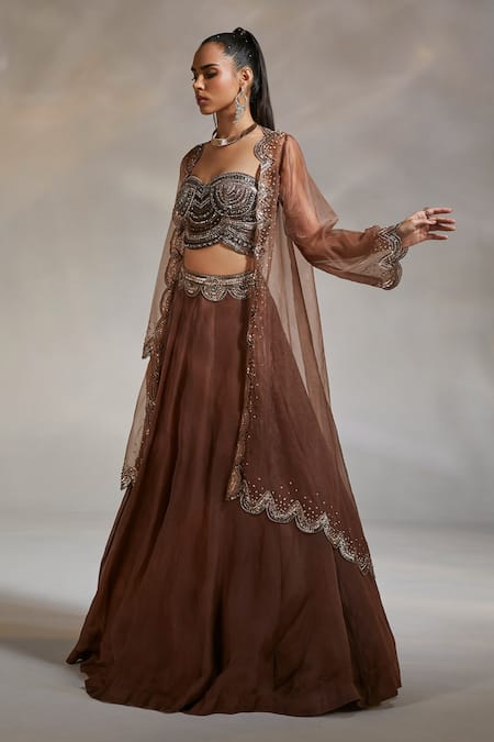 Shop Divya Aggarwal Brown Corset Velvet Cape Organza Lehenga Theo Scallop Embellished Set Online at Aza Fashions Shop_Divya Aggarwal_Brown Corset Velvet Cape Organza Lehenga Theo Scallop Embellished Set _Online_at_Aza_Fashions