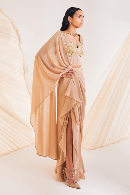 Shop Divya Aggarwal Beige Georgette, Satin, Tulle Hertha Pre-draped Saree With Corset Blouse Online at Aza Fashions Shop_Divya Aggarwal_Beige Georgette, Satin, Tulle Hertha Pre-draped Saree With Corset Blouse _Online_at_Aza_Fashions