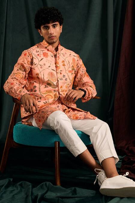 Project Bandi_Pink Cotton Embroidery Floral Printed Salmon Bundi And Kurta Set _Online_at_Aza_Fashions
