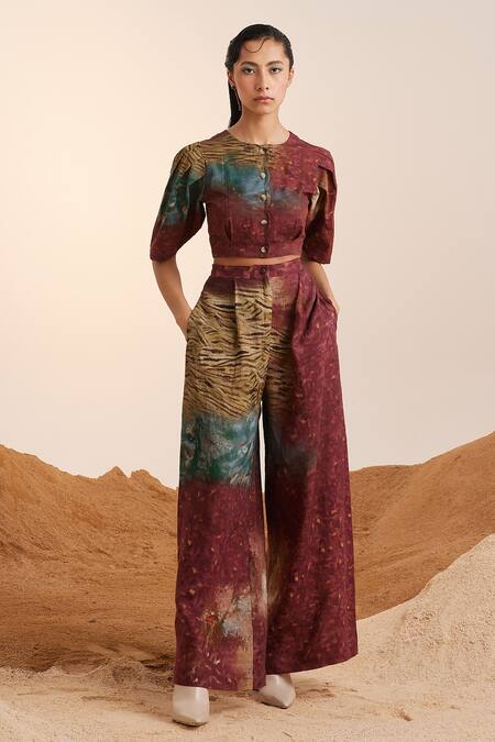Shop_Cord_Brown Cotton Satin, Linen Round Neck Scallop Grain Print Top And Pant Set_Online_at_Aza_Fashions