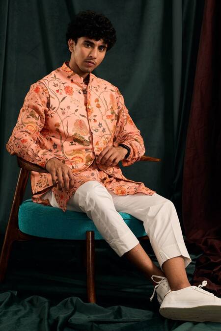 Buy_Project Bandi_Pink Cotton Embroidery Floral Printed Salmon Bundi And Kurta Set _Online_at_Aza_Fashions