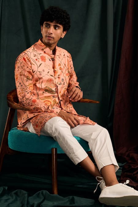 Shop_Project Bandi_Pink Cotton Embroidery Floral Printed Salmon Bundi And Kurta Set _Online_at_Aza_Fashions