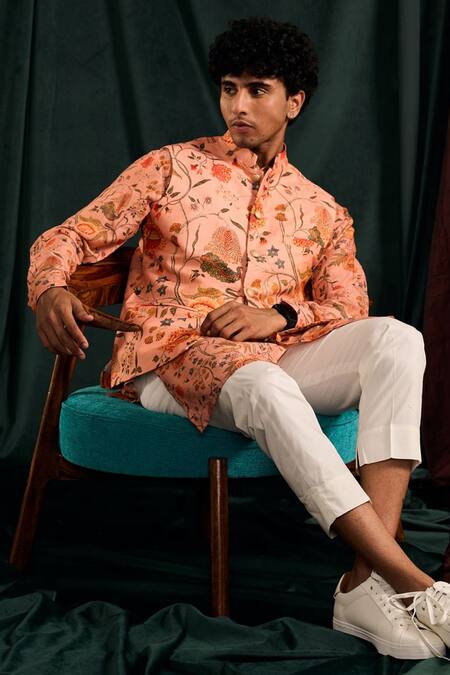 Project Bandi_Pink Cotton Embroidery Floral Printed Salmon Bundi And Kurta Set _at_Aza_Fashions