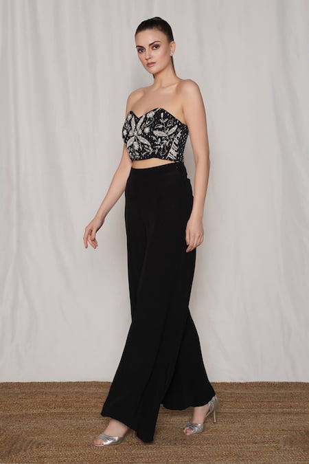 Buy_Amrta By Guneet Kondal_Black Viscose Beads, Sequins Sweetheart Embroidered Bustier And Flared Pant Set _Online_at_Aza_Fashions