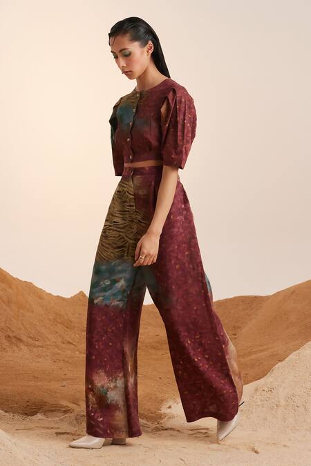 Shop_Cord_Brown Linen Grain Print Flared Pant_Online_at_Aza_Fashions