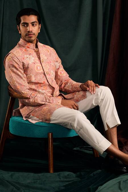 Project Bandi_Pink Cotton Embroidery Floral Printed Bundi And Kurta Set_Online_at_Aza_Fashions