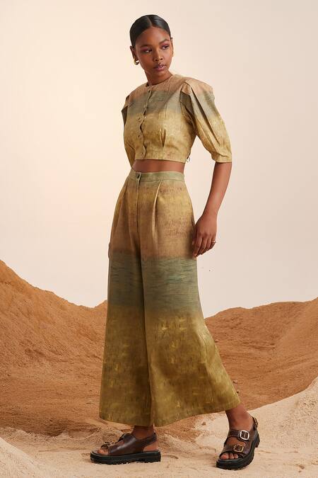 Cord Yellow Cotton Satin, Linen Embroidery Scallop Impression Print Top And Pant Set Online at Aza Fashions Cord_Yellow Cotton Satin, Linen Embroidery Scallop Impression Print Top And Pant Set_Online_at_Aza_Fashions