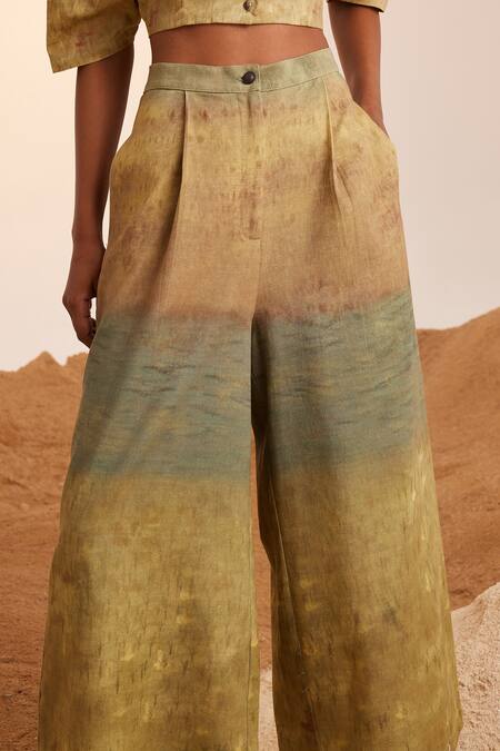 Shop Cord Yellow Cotton Satin, Linen Embroidery Scallop Impression Print Top And Pant Set Online at Aza Fashions Shop_Cord_Yellow Cotton Satin, Linen Embroidery Scallop Impression Print Top And Pant Set_Online_at_Aza_Fashions