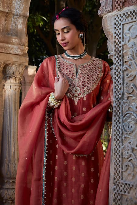 Kritika Dawar Orange Chanderi, Tissue Embroidery, Diamonds Split V-neck Dabka Kurta Pant Set Online at Aza Fashions Kritika Dawar_Orange Chanderi, Tissue Embroidery, Diamonds Split V-neck Dabka Kurta Pant Set _Online_at_Aza_Fashions