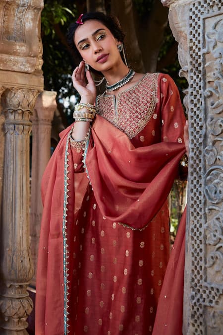 Buy Kritika Dawar Orange Chanderi, Tissue Embroidery, Diamonds Split V-neck Dabka Kurta Pant Set Online at Aza Fashions Buy_Kritika Dawar_Orange Chanderi, Tissue Embroidery, Diamonds Split V-neck Dabka Kurta Pant Set _Online_at_Aza_Fashions