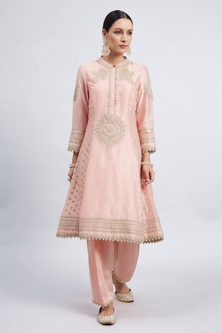 Buy_Sheetal Batra_Pink Kurta Chanderi  Salwar - Bamber Satin Dupatta Naazira Set _Online_at_Aza_Fashions