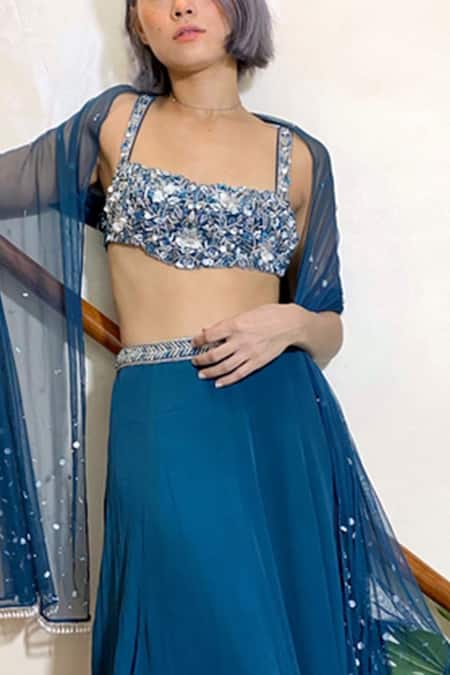 Shop_Maiti Shahani_Blue Tulle, Viscose Crepe Cutdana Work, Hand Embroidered Choli Lehenga Set _Online_at_Aza_Fashions