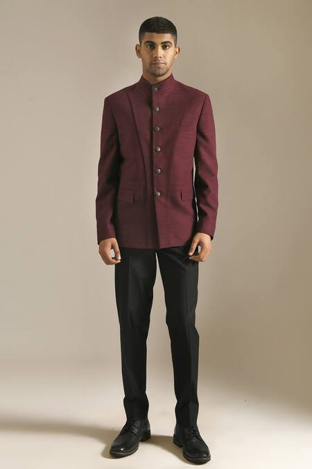 Dhruv Vaish_Maroon Silk Bandhgala _Online_at_Aza_Fashions