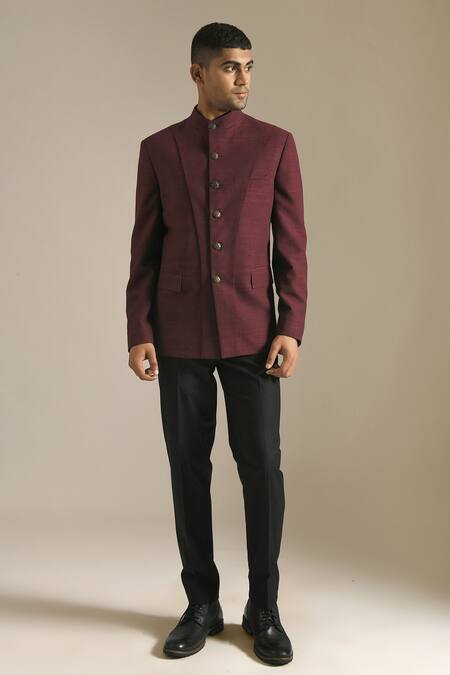 Buy_Dhruv Vaish_Maroon Silk Bandhgala _Online_at_Aza_Fashions