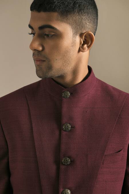Dhruv Vaish_Maroon Silk Bandhgala _at_Aza_Fashions