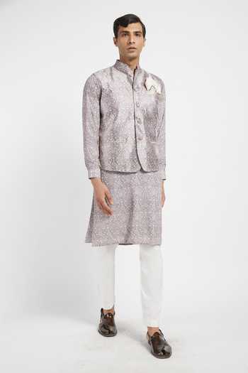 Rabani & Rakha_Purple Kurta Crepe Pant Cotton Silk Bundi Dupion Printed Set _Online_at_Aza_Fashions