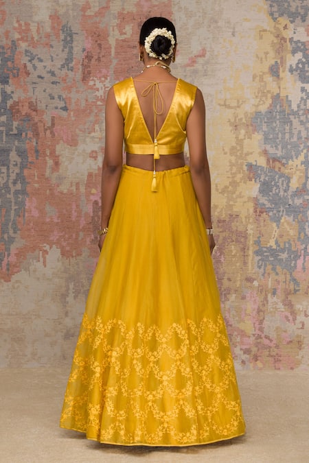 Shop_Devnaagri_Yellow Silk Organza V Neck Lehenga Set _at_Aza_Fashions