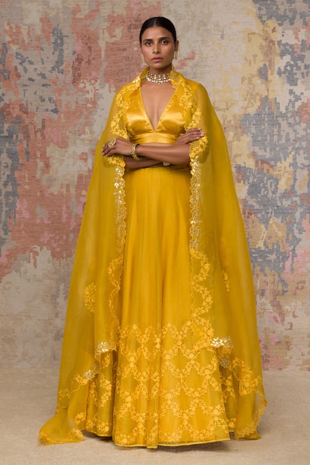 Devnaagri_Yellow Silk Organza V Neck Lehenga Set _Online_at_Aza_Fashions
