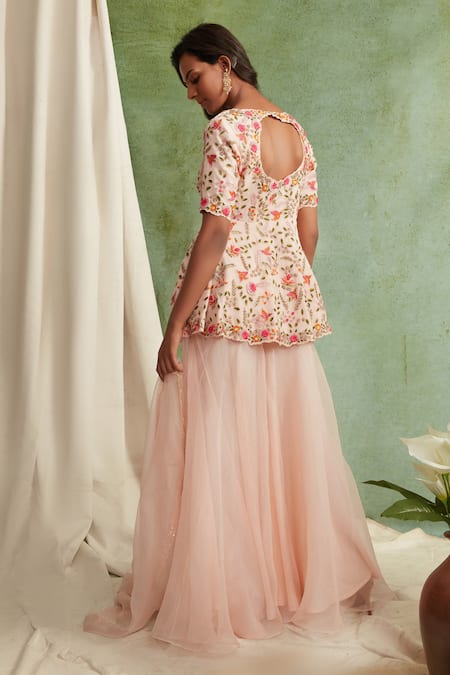 Shop Priyanka Jain Pink Organza, Georgette V Neck Embroidered Kurta Sharara Set at Aza Fashions Shop_Priyanka Jain_Pink Organza, Georgette V Neck Embroidered Kurta Sharara Set _at_Aza_Fashions
